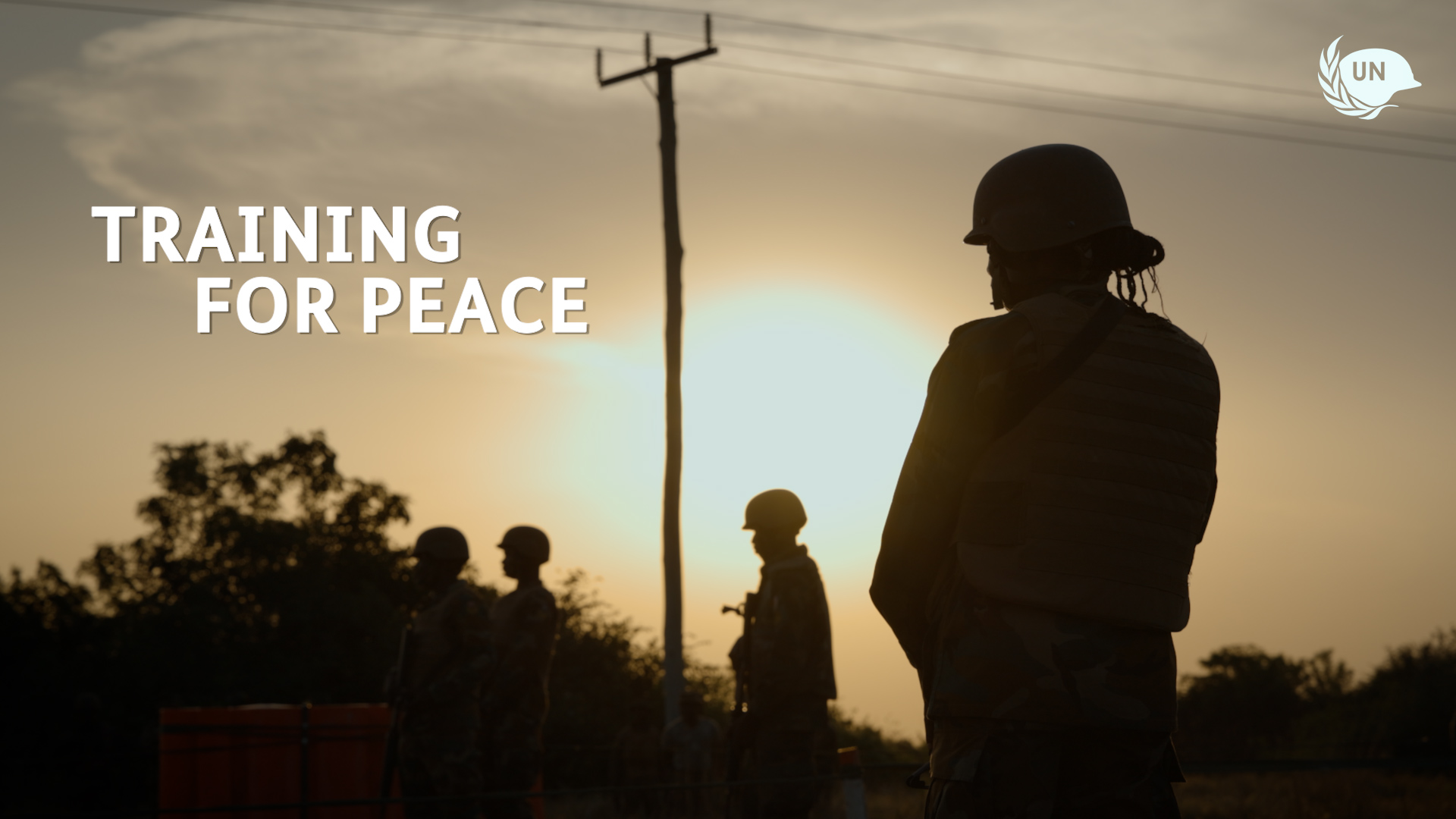 Silhouettes of peacekeepers at dusk.