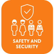 A orange sign with white outline of people and a shieldDescription automatically generated