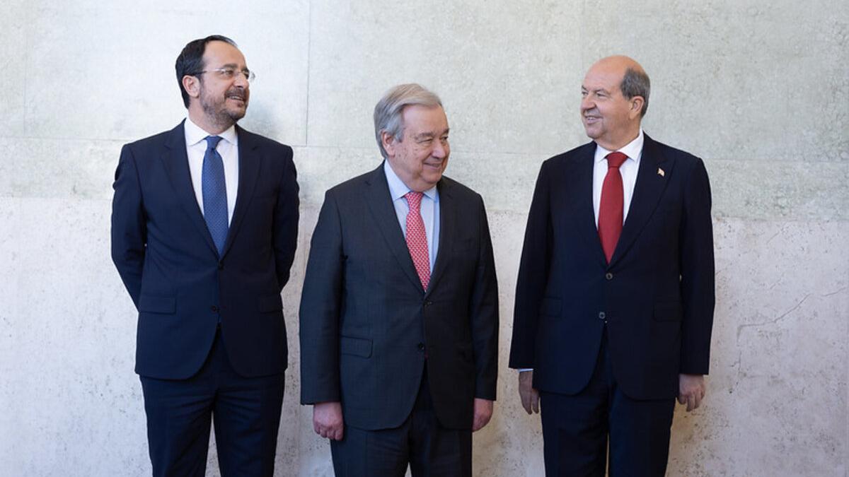 The Secretary-General with the Greek Cypriot leader, Nikos Christodoulides, and the Turkish Cypriot leader, Ersin Tatar