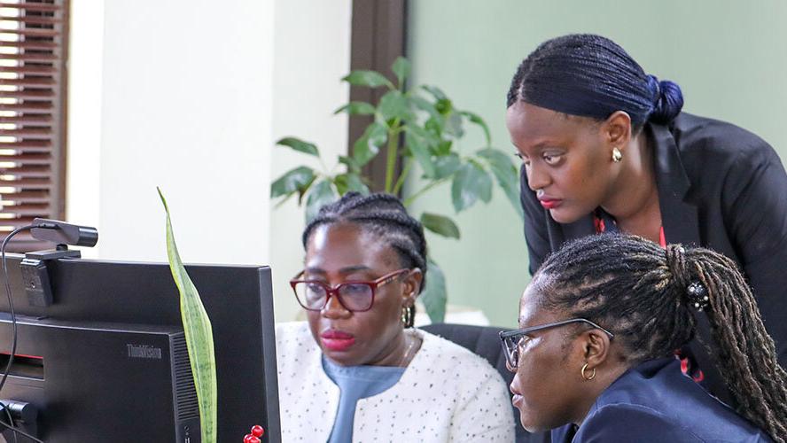 Three people are working together at a desk with computer monitors. One person is seated and typing, another is seated and looking at the screen, and a third person is standing and leaning forward to observe. A potted plant is visible in the background near a window with blinds.