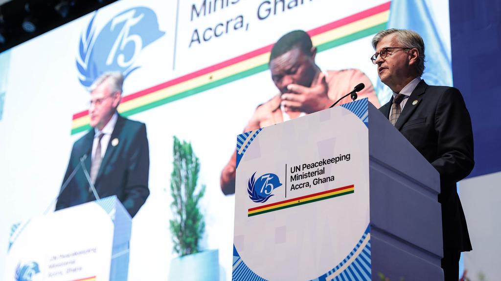 UN Under-Secretary-General for Peace Operations Jean-Pierre Lacroix delivers his opening remarks to welcome delegates at the 2023 Ghana UN Peacekeeping Ministerial.