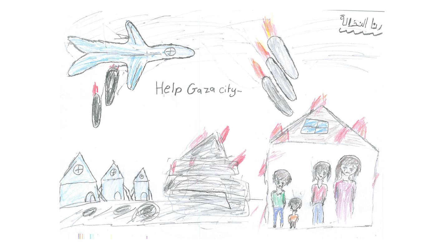 رسمتها رنا، غزة.  بقلم تلوين على ورق.  النص المترجم: أنقذوا مدينة غزة.
