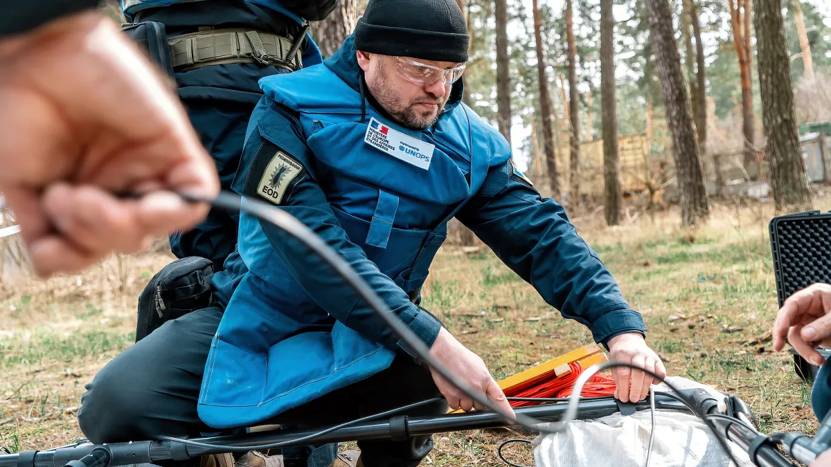 Demining experts undergoing training before deploying to clear land in the Chernihiv oblast, northern Ukraine.