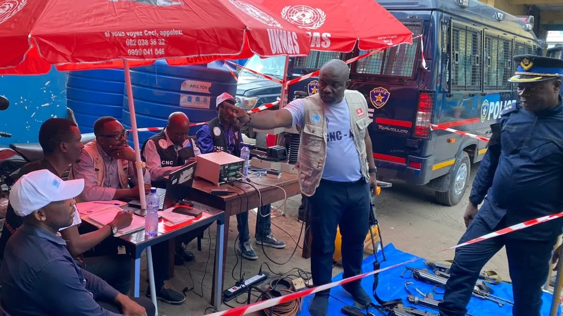 Weapons marking by the National Commission on Small Arms and Light Weapons Control (CNC-ALPC) at a Congolese National Police (PNC) site in Kinshasa, 09 May 2025. 