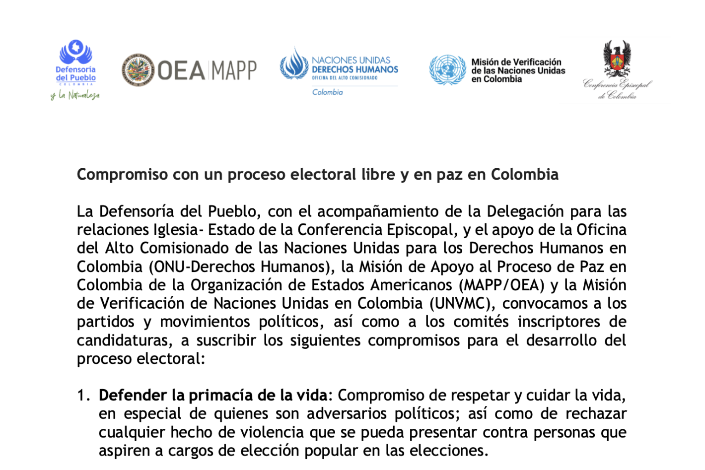 Compromiso con un proceso electoral libre y en paz en Colombia 
