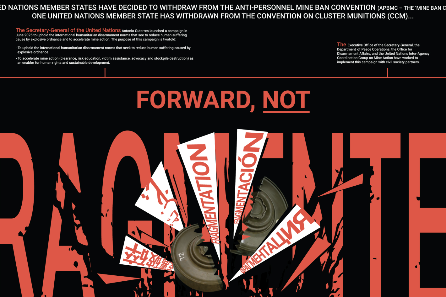 some red characters with a fragmented landmines in the middle