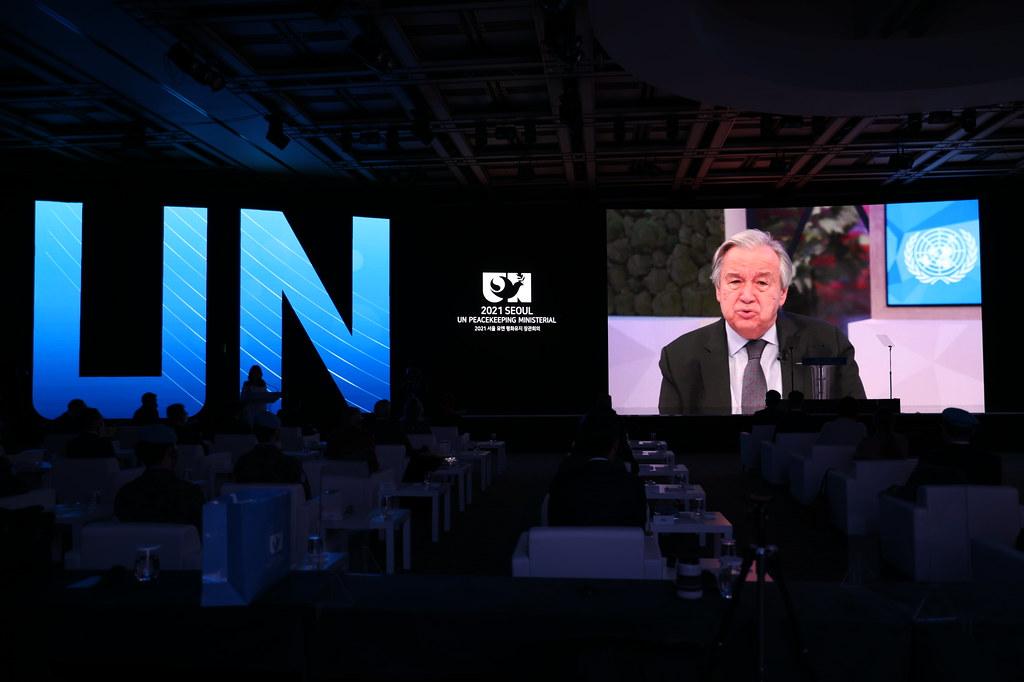 United Nations Secretary-General António Guterres delivers a welcome message during the opening ceremony of the 2021 Seoul UN Peacekeeping Ministerial. 