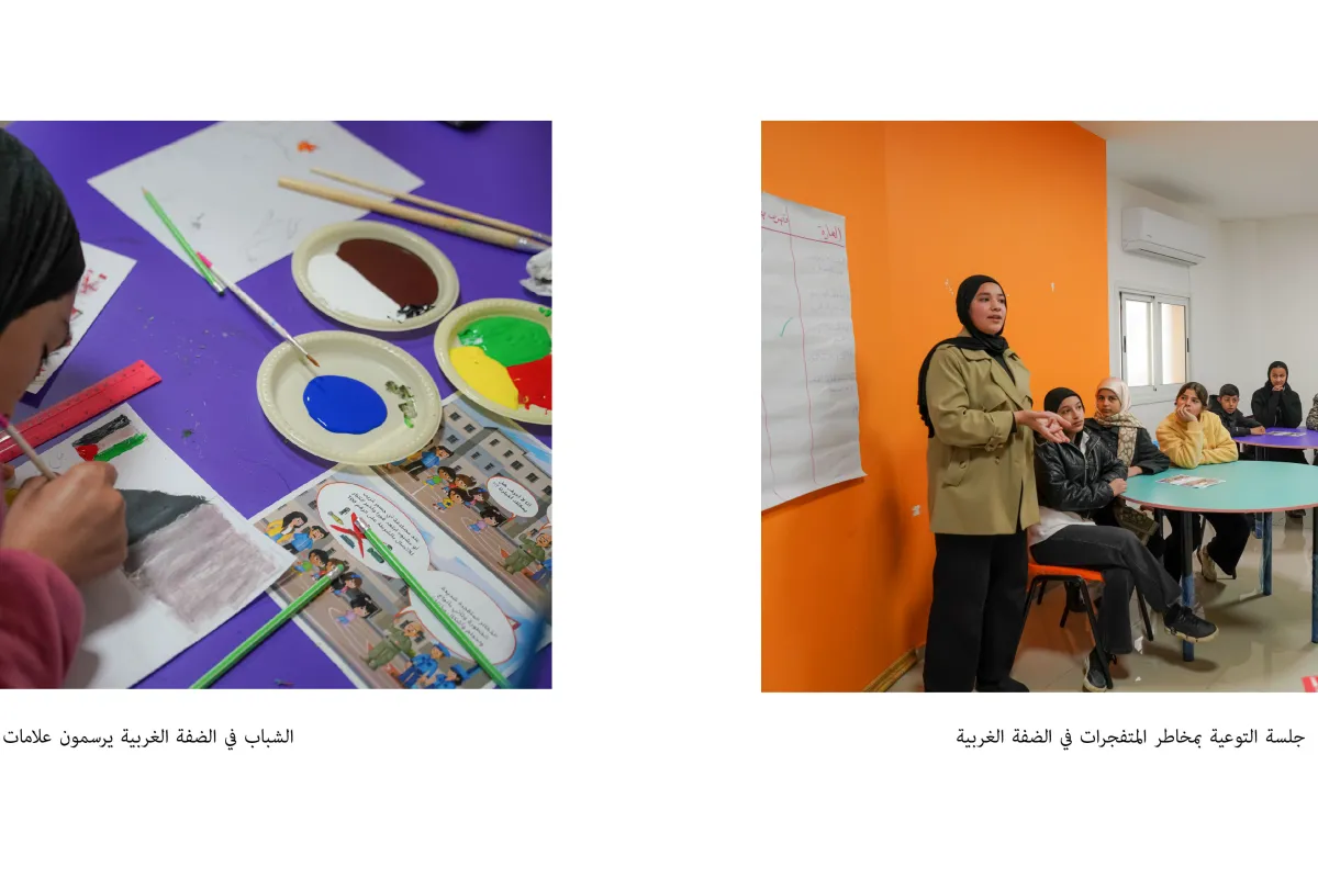 الشباب في الضفة الغربية يرسمون علامات الأمان. | شباب يحضرون جلسة التوعية بمخاطر المتفجرات في الضفة الغربية.