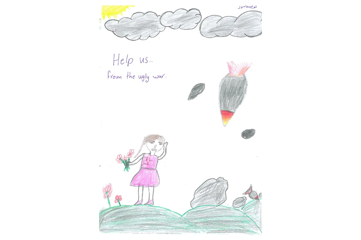 Child's drawing of a girl holding flowers while a missile falls nearby, with the words "Help us from the ugly war"