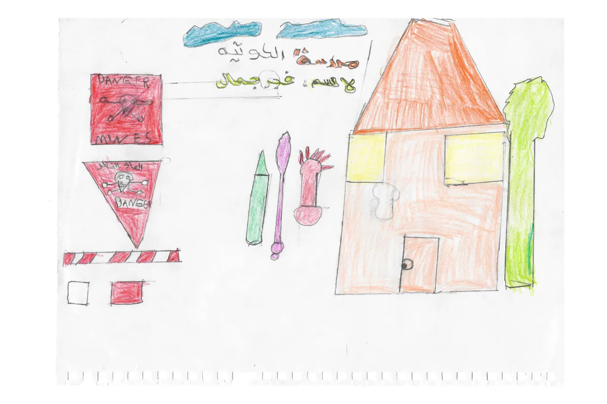 Fagr: Child's drawing of danger and mines warning signs next to a house