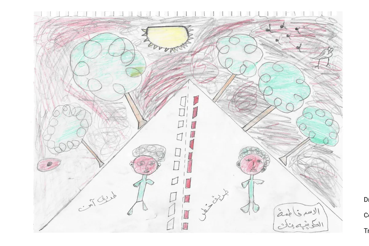 Fatima: Child's drawing of a road split into a safe side and a dangerous side, each with a figure