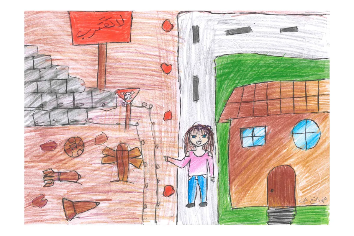 Dahaa: Child's drawing split between a dangerous side with rubble and explosives and a safe side with a girl standing outside a house