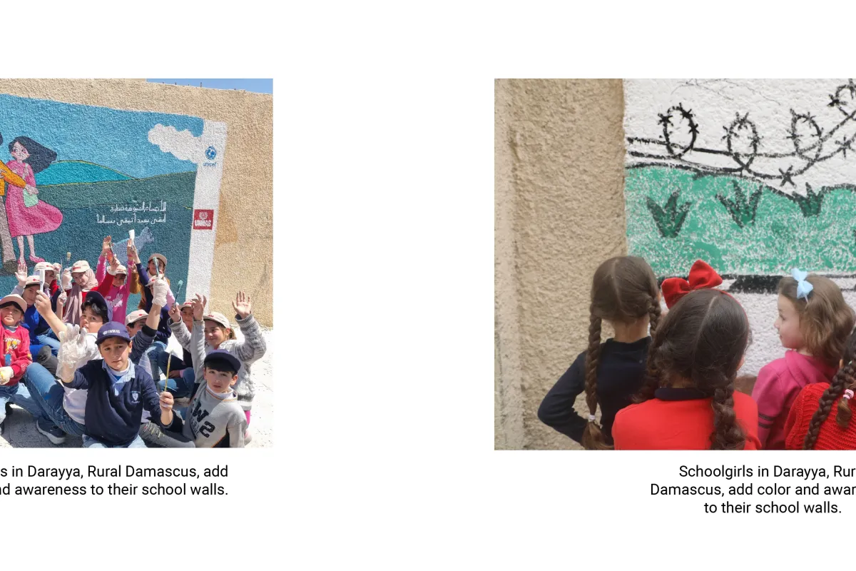 Students in Darayya, Rural Damascus, add color and awareness to their school walls. | Schoolgirls in Darayya, Rural Damascus, add color and awareness to their school walls.