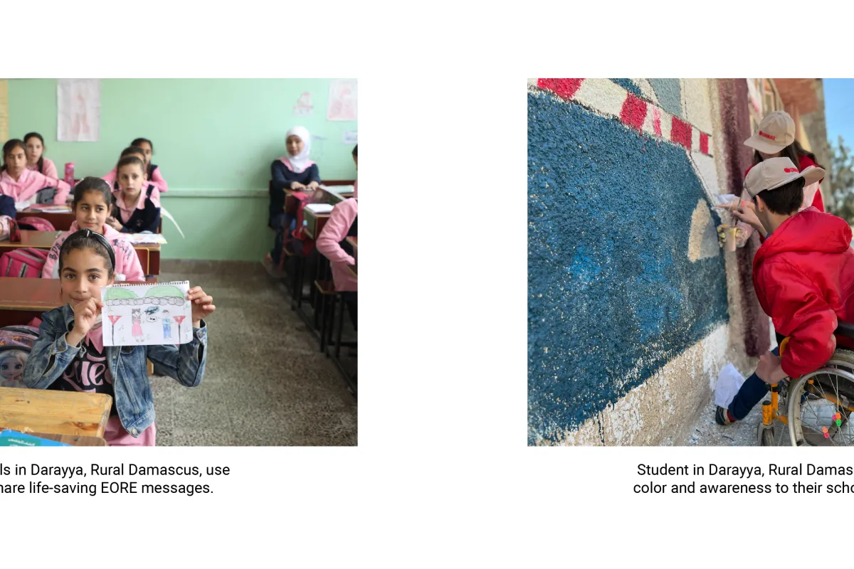 School girls in Darayya, Rural Damascus, use art to share life-saving EORE messages. | Student in Darayya, Rural Damascus, add color and awareness to their school walls.