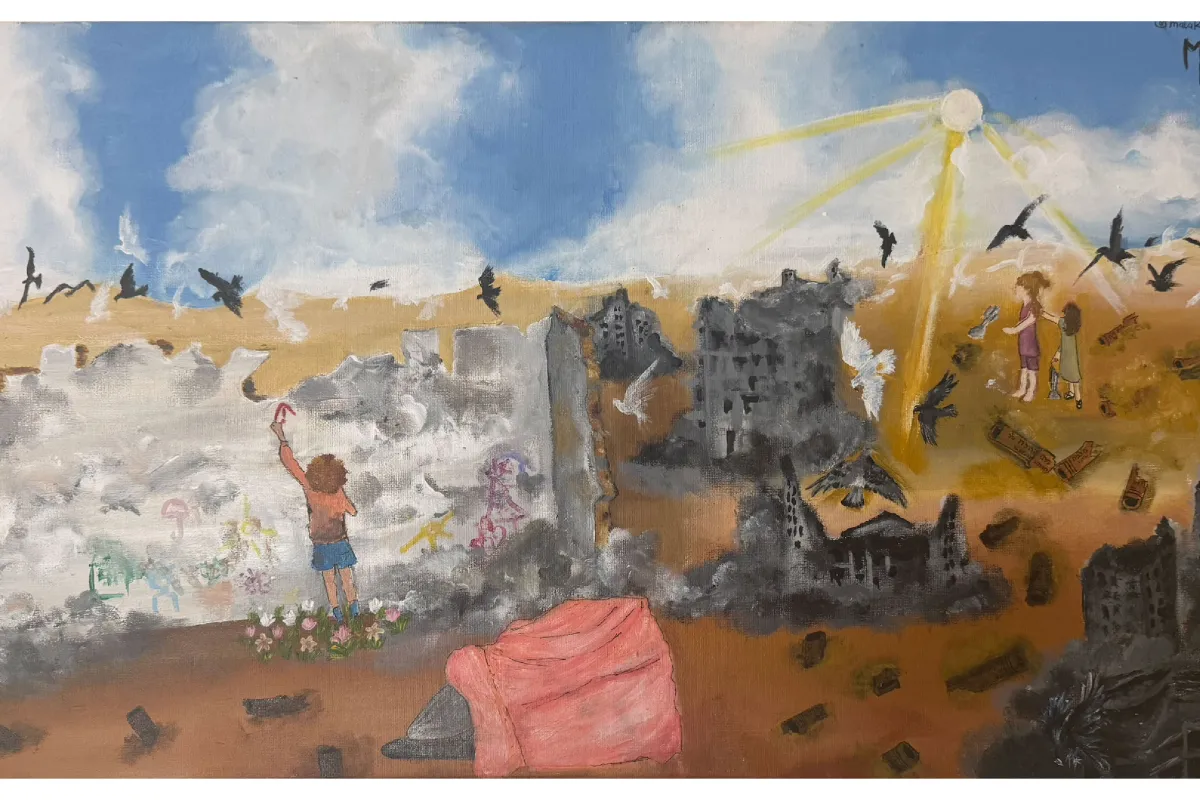 Painting of a child drawing on a wall amid ruins, with birds and two figures in a beam of light