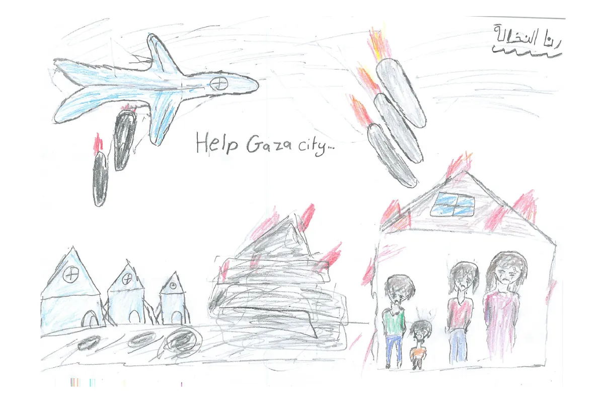 Child's drawing of a warplane dropping bombs on burning homes and a frightened family, with the words "Help Gaza city"