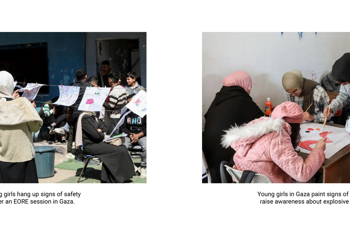 Young girls hang up signs of safety after an EORE session in Gaza. | Young girls in Gaza paint signs of safety to raise awareness about explosive threats.