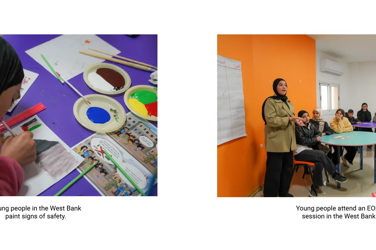 Young people in the West Bank paint signs of safety. | Young people attend an EORE session in the West Bank.