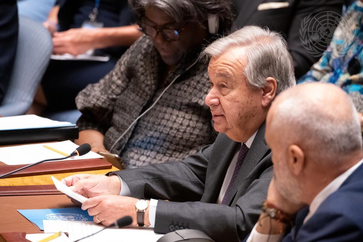 Secretary-General António Guterres (centre) addresses the Security Council meeting on upholding the purposes and principles of the UN Charter through effective multilateralism: maintenance of peace and security of Ukraine.