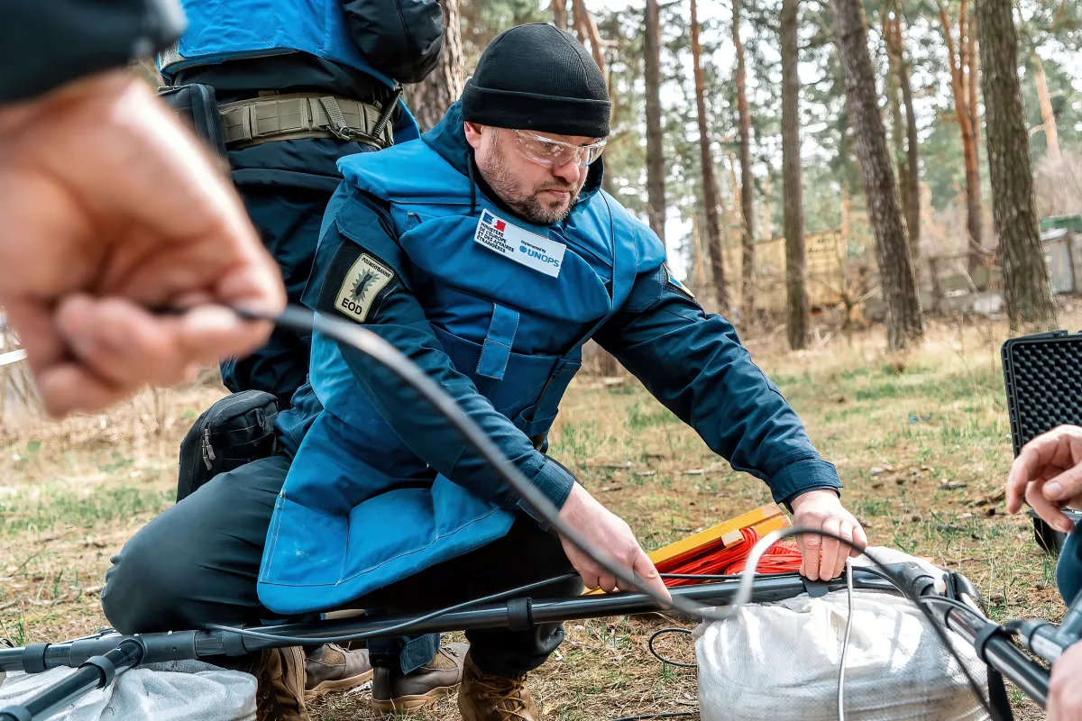 Demining experts undergoing training before deploying to clear land in the Chernihiv oblast, northern Ukraine.