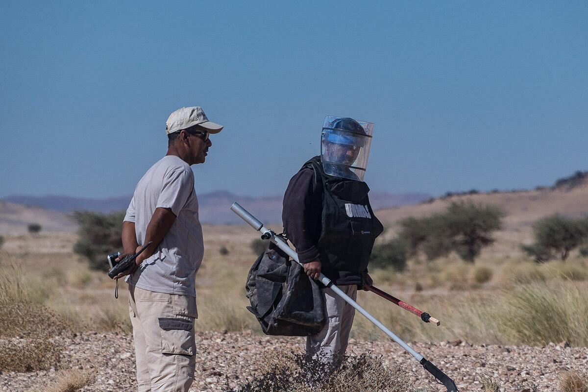 a deminer is working on a field with a detector and a man in grey T-shirt is standing beside