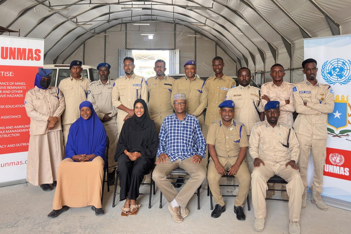 SPF EOD personnel pose for a group photo upon completing the capacity-development programme, funded by the Government of Japan.
