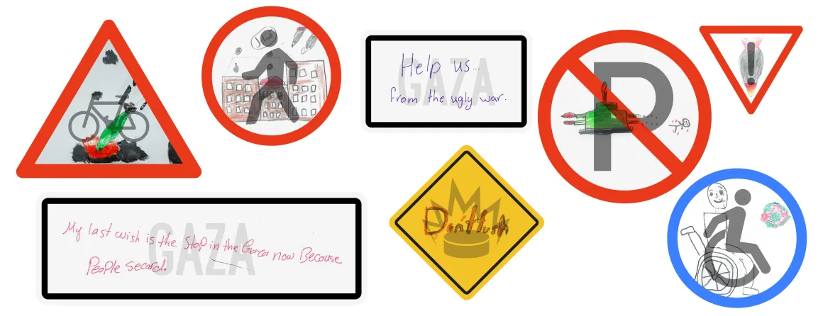 Collection of stylized road signs combining children's illustration with official signography one would find in city streets.