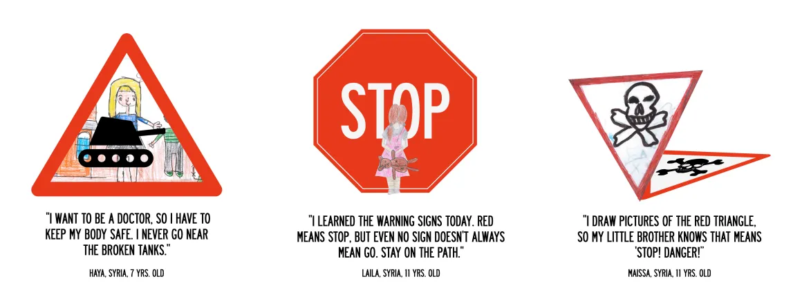 Three quotes by children in affected areas: "I want to be a doctor, so I have to keep my body safe. I never go near the broken tanks." | "I learned the warning signs today. Red means stop, but even no sign doesn't always mean go. Stay on the path." | "I draw pictures of the red triangle, so my little brother knows that means 'Stop! Danger!”