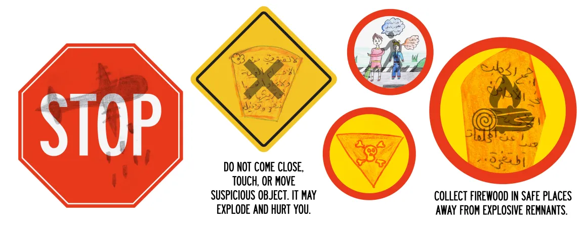 Stylized road signs combining children's illustration with official signography one would find in city streets.
