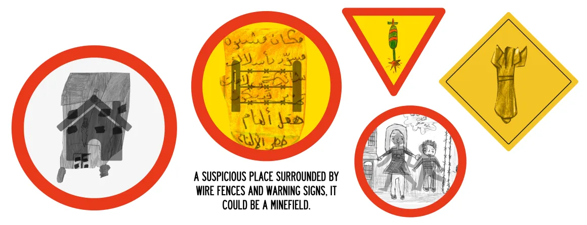 Stylized road signs combining children's illustration with official signography one would find in city streets.