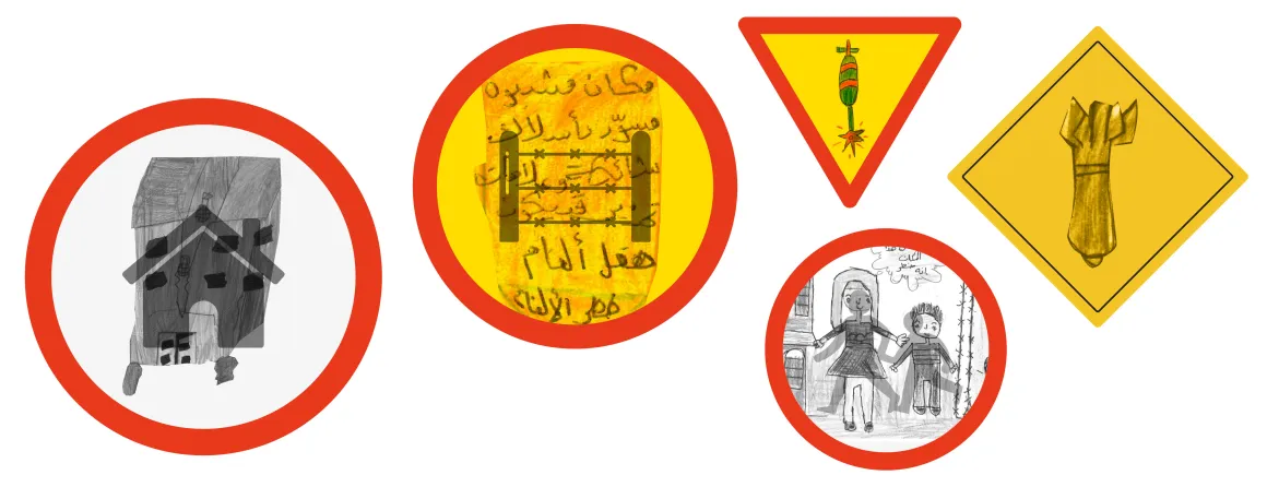 علامات طريق مُصمَّمة بأسلوب يجمع بين رسوم الأطفال والإشارات الرسمية التي نجدها في شوارع المدينة
