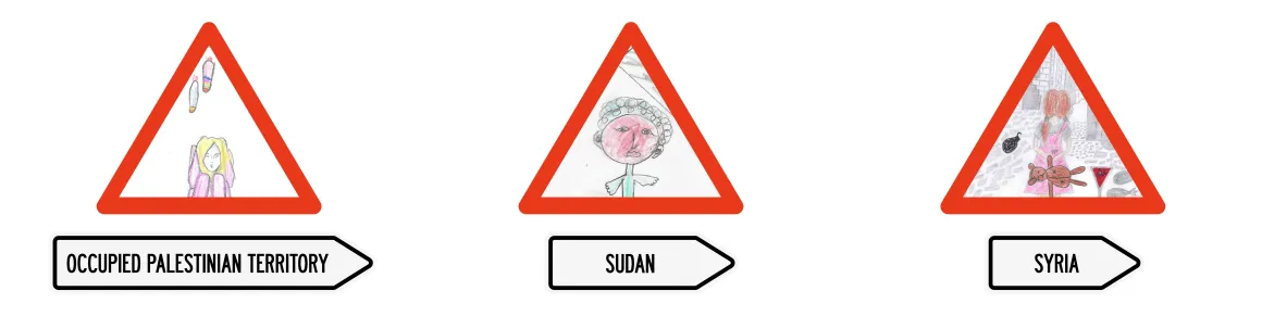 Three stylized road signs with location pointers towards Occupied Palestinian Territory, Sudan, and Syria. Children's illustrations from each country are included.