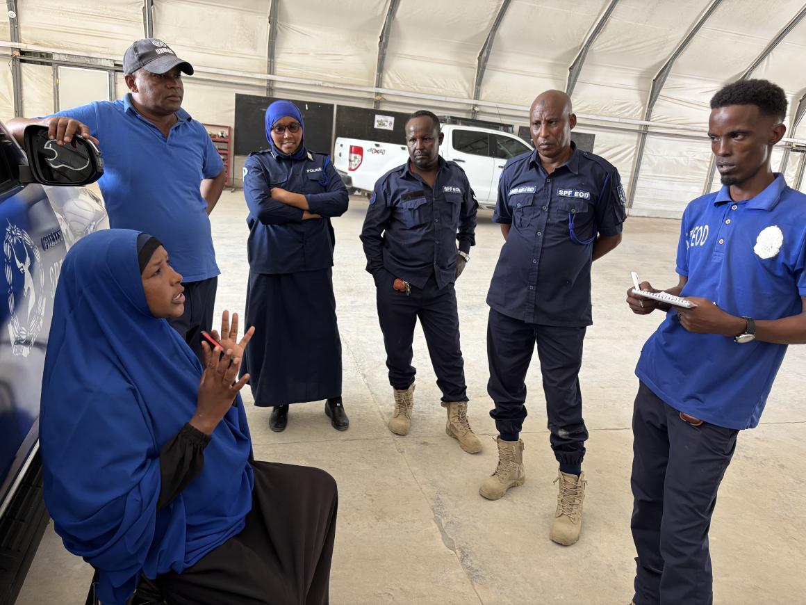 Female and male SPF EOD officers train side by side at a facility in Mogadishu